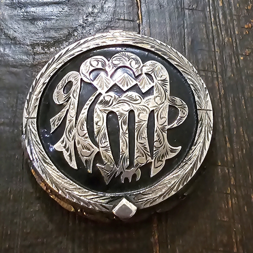 Petite Antique Silver Compact / Pillbox w/ Calligraphy
